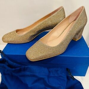 New NIB Stuart Weitzman Mary Mid gold shimmer block heels pumps dress shoes 7.5